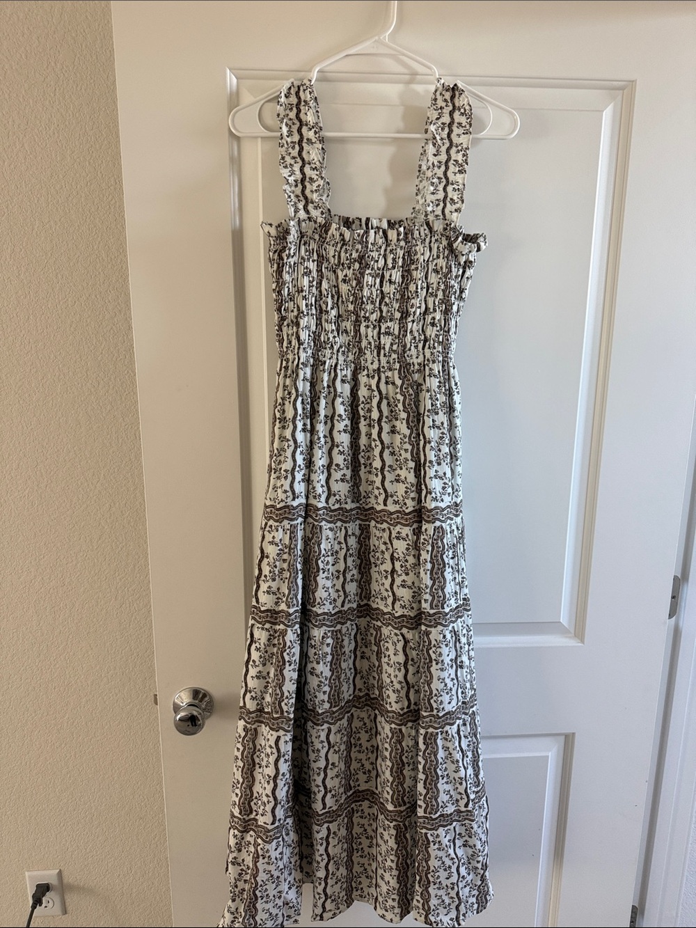 Hill House White Maxi Dress with Brown Floral Print
